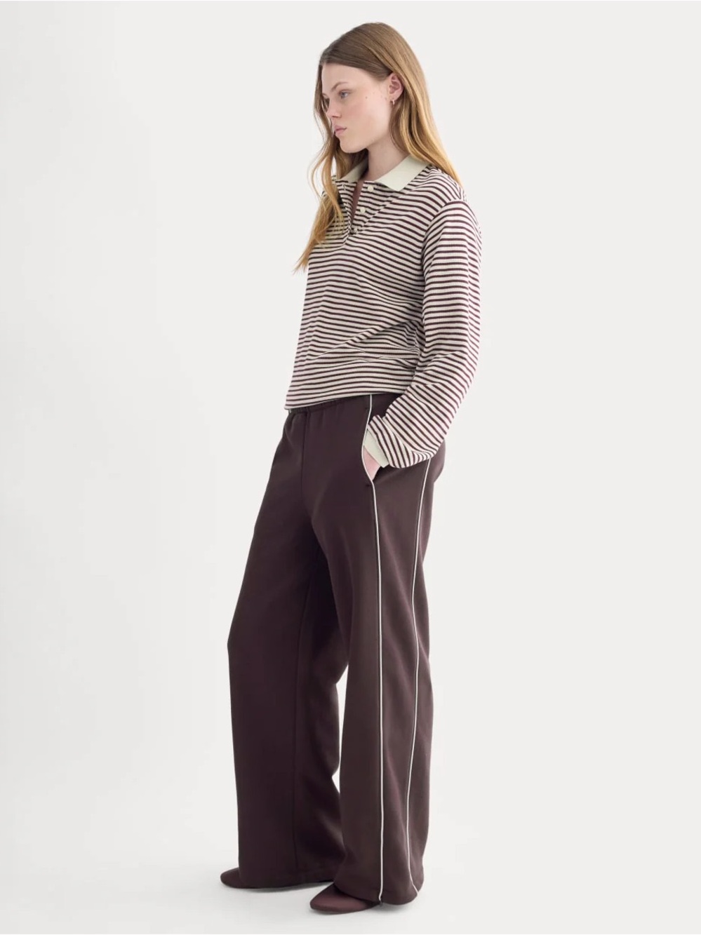 Everlane Wide-Leg Track Pants in Deep Plum Brown with Contrast Piping